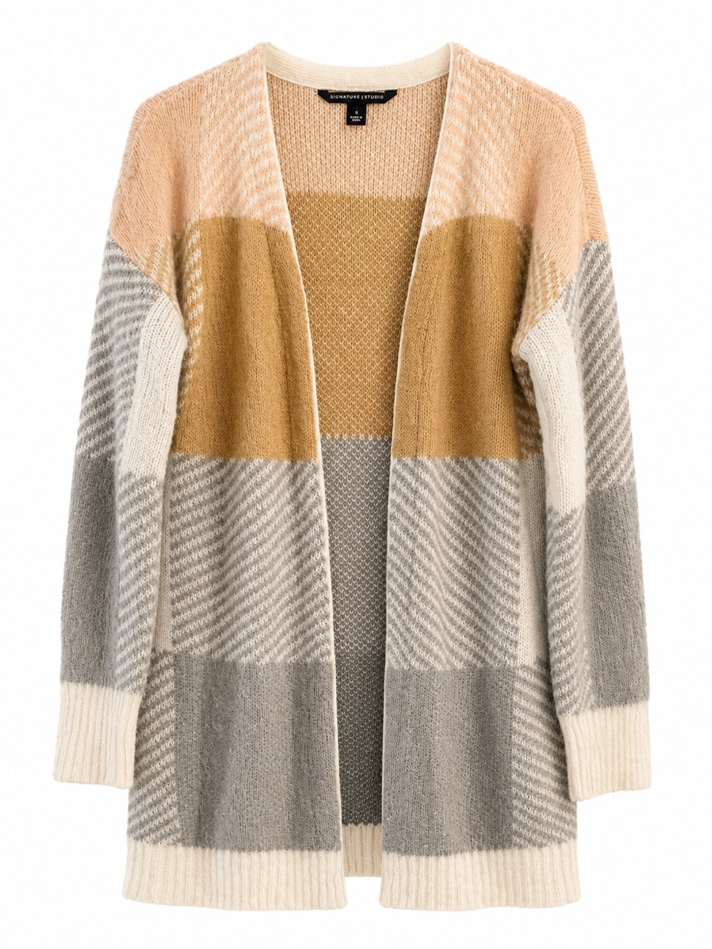 Signature Studio Women's Mustard Gray Colorblock Open Front Cardigan Size S
